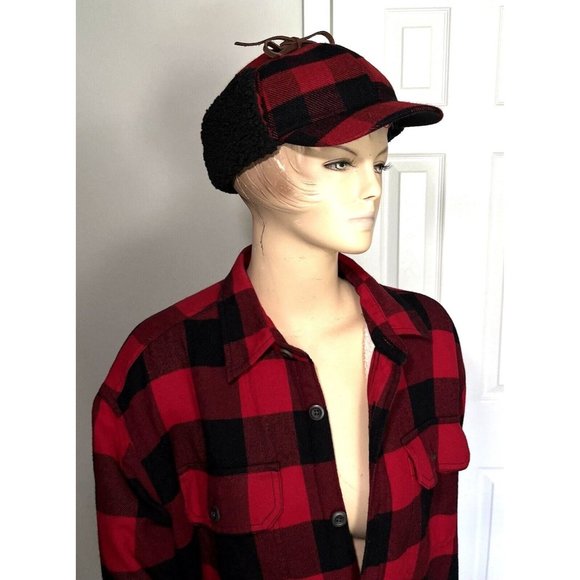 Eddie Bauer Sport Shop Mackinaw Red Hunting Jacket Buffalo Plaid & Hat Mens XL